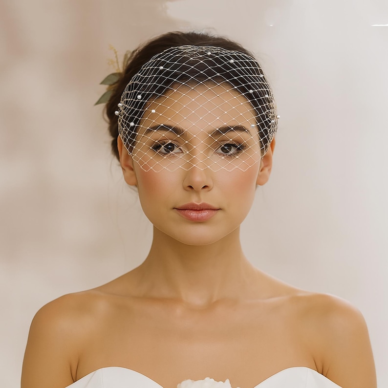 Pearl Bandeau Birdcage Veil: Vintage French Netting Bridal Veil Round pearls