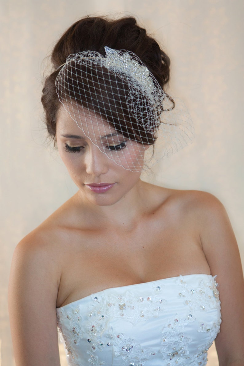 Wedding Birdcage Veil with Crystal rhinestone applique VI04. image 3