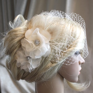 Handmade Ivory Silk organza flowers hair clip and birdcage veil vail 2 items wedding reception bridal party. Wedding birdcage veil. image 1