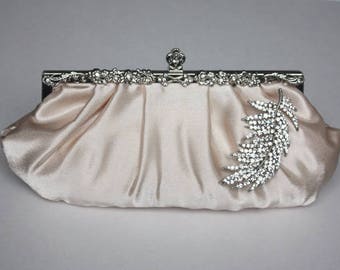 Bridal Clutch - champagne satin with Swarovski Crystal feather brooch