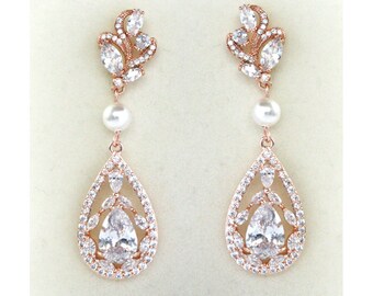 Rose Gold Bridal Earrings Wedding Cubic Zirconia Tear Drops Pearl Bridal Jewelry Rose Gold Crystal Wedding Earrings - Victoria Earrings.