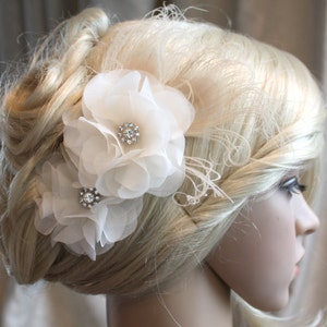 Silk organza flowers hair clip for wedding reception bridal party with Peacock Eye wedding hair piece - 2 ivory peonies.