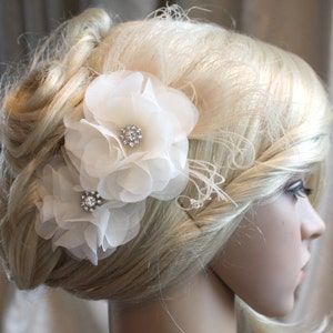 Handmade Ivory Silk organza flowers hair clip and birdcage veil vail 2 items wedding reception bridal party. Wedding birdcage veil. image 3