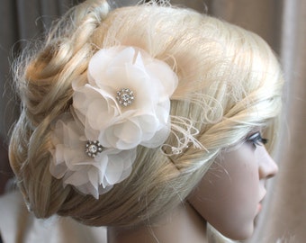 Silk organza flowers hair clip for wedding reception bridal party with Peacock Eye wedding hair piece - 2 ivory peonies.