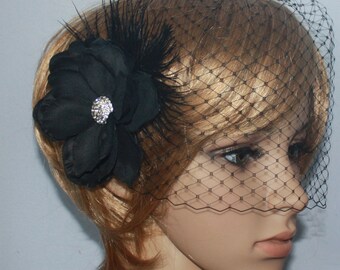 Black Birdcage Veil with Detachable Flower Fascinator: Bridal Headpiece
