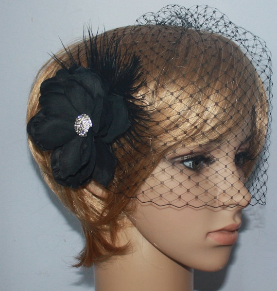 Ashro, Black, Floral, Fascinator, Birdcage Veil, Made In The USA, Polyester Black Fascinator With Birdcage Veil - Black Birdcage Veil  main image 4
