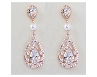 Rose Gold Bridal Earrings Wedding Cubic Zirconia  Tear Drops Pearl Bridal Jewelry Rose Gold Crystal Wedding Earrings-Victoria Earrings