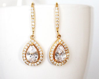 Gold Crystal Bridal earrings, Wedding jewelry Wedding earrings Bridal Earrings, Tear drop with hook - Adeline Earrings. ready to ship.