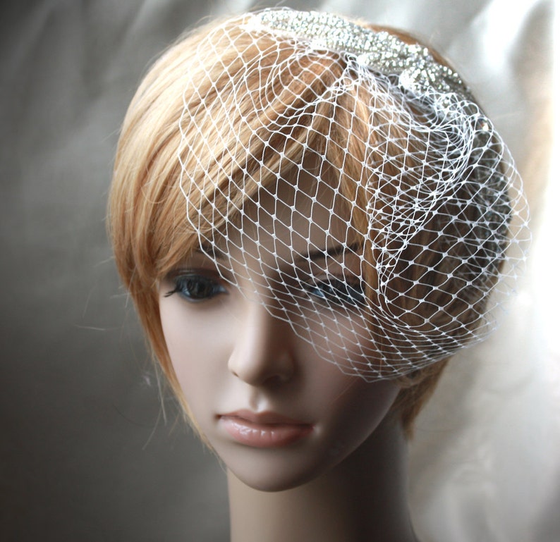 Bridal Birdcage Veil with detachable Crystal rhinestone applique 2 items 03 image 4