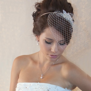 Wedding Birdcage Veil with Crystal rhinestone brooch VI01 Comb or Headband. Ready to ship. image 2