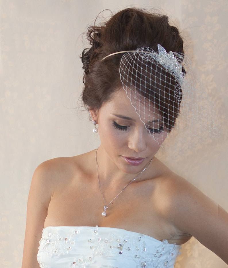 Wedding Birdcage Veil with Crystal rhinestone brooch VI01 Comb or Headband. Ready to ship. image 2