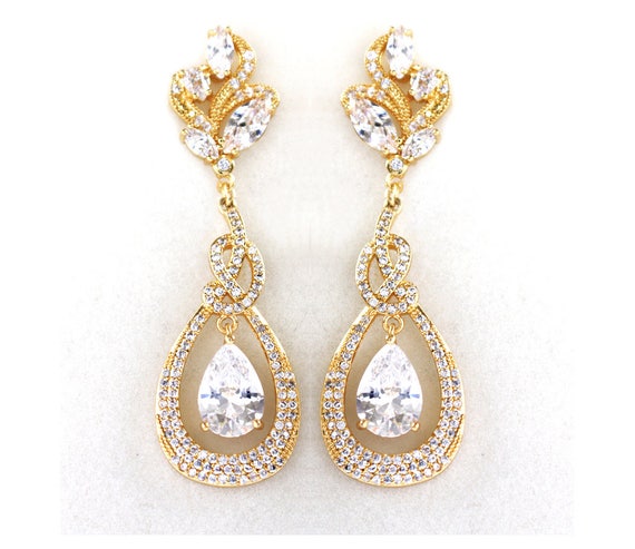 Gold Bridal earrings Wedding jewelry Crystal Wedding earrings | Etsy
