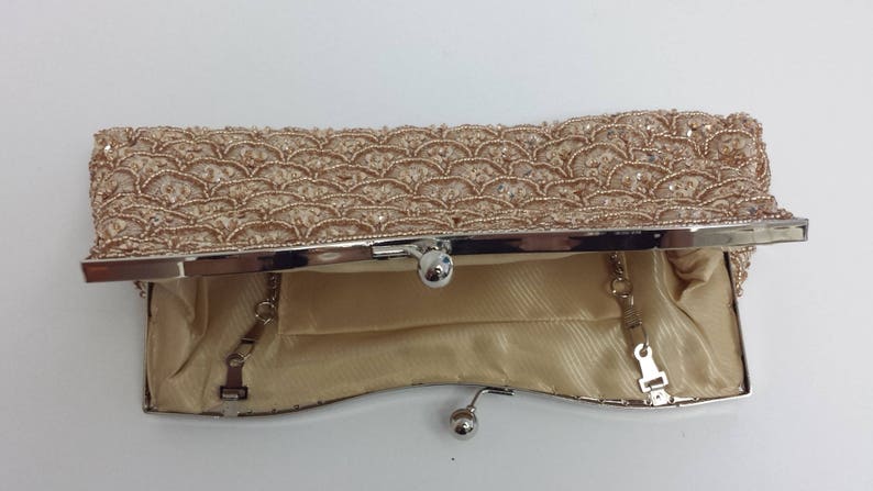 Bridal Clutch, hand beaded champagne satin with beads and rhinestone brooch. Holiday clutch. Ready to ship. Valentine's day gift for her. image 3