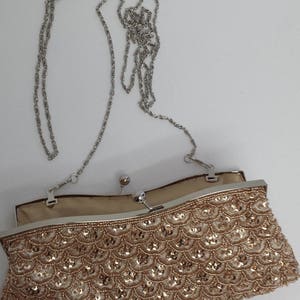 Bridal Clutch, hand beaded champagne satin with beads and rhinestone brooch. Holiday clutch. Ready to ship. Valentine's day gift for her. image 4