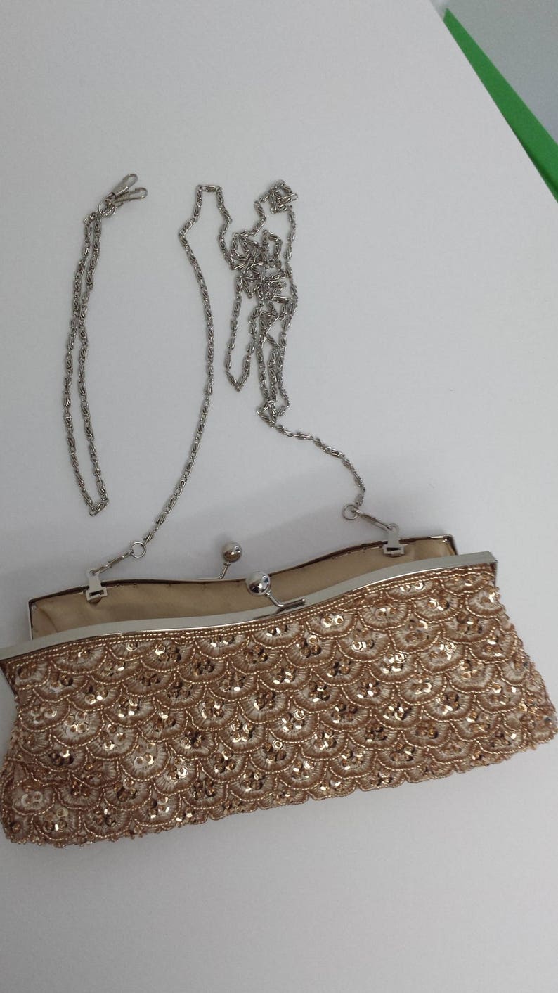 Bridal Clutch, hand beaded champagne satin with beads and rhinestone brooch. Holiday clutch. Ready to ship. Valentine's day gift for her. image 4