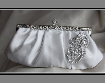 Ivory satin Clutch with Crystal brooch Wedding handbag Bridal purse Reception Party