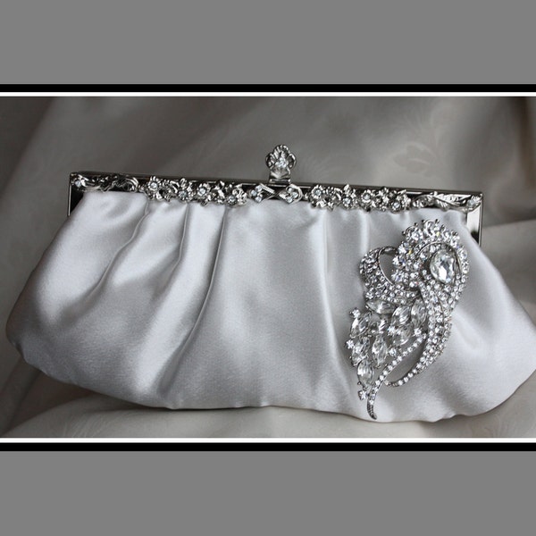 Ivory satin Clutch with Crystal brooch Wedding handbag Bridal purse Reception Party