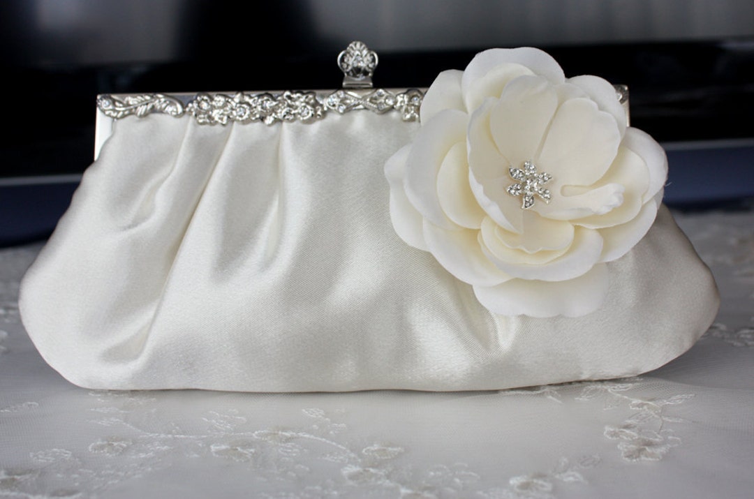 Ivory Satin Bridal Clutch Purse With Flower - Etsy