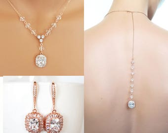 Rose gold Backdrop Wedding Necklace, Rose gold earrings, crystal necklace set, Swarovski element Jewelry - Skylar