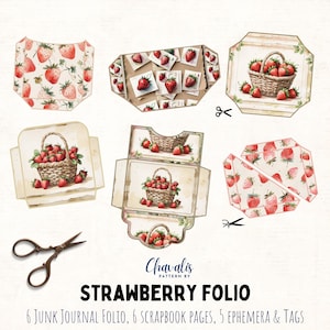 Strawberry Folio Junk Journaling Print pagina's Ephemera Cottagecore Images Journal pagina blad voorbeeldkaart zomerbundel digitaal downloadbaar