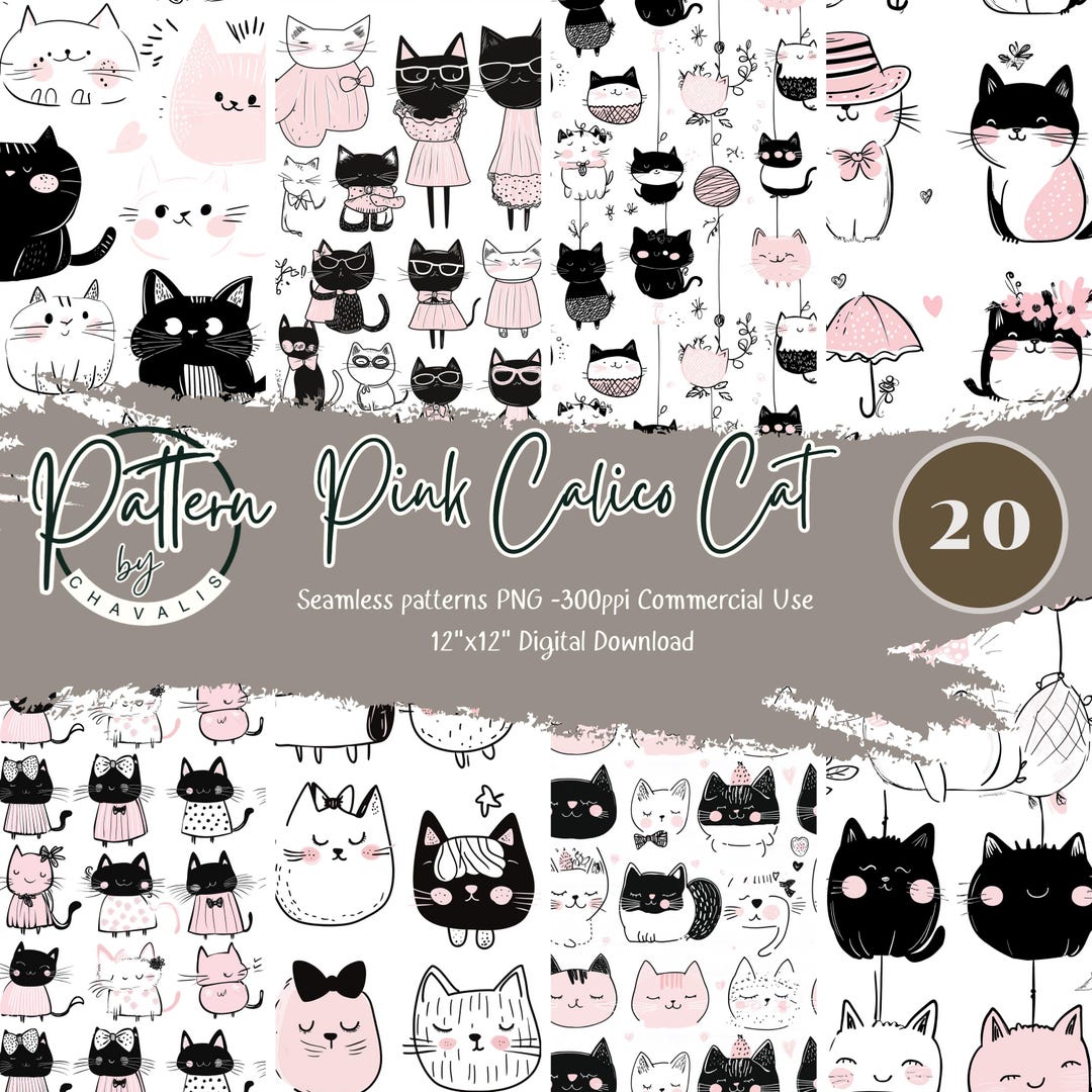 Pink Calico Cat Seamless Pattern Bundle - Adorable Digital Download for ...
