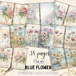 Blue Floral Junk Journal Kit: Vintage Botanical Pages (Digital Download 11.5x8 inch)