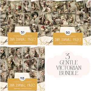 Könnte beinhalten: Eine Sammlung digitaler Junk-Journal-Seiten im Vintage-Stil mit Porträts viktorianischer Männer und Frauen, Blumenarrangements und antiken Elementen. Das Bundle enthält die Sets "Mystique of the Mask", "A Victorian Letter" und "Lord & Lady Victorian".