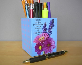 Pencil Holder, Desk Accessories, Friendship Pencil Cup, Co-worker Gift, Gifts For Her, Blue and Pink Floral