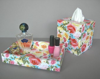 Modern Roses Vanity Set, Gifts For Her, Decorative Tray and Tissue Box Cover, Bedroom Decor, Powder Room Decor, Dorm Decor