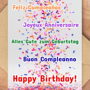 May include: A birthday card with the words "Happy Birthday!" in red, along with greetings in Spanish, French, German, and Italian. The card is decorated with colorful confetti and rests on a wooden tray with a brown envelope.