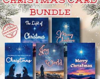 Könnte beinhalten: Ein Weihnachtskarten-Set mit religiösen Motiven. Die Karten zeigen einen blauen Sternenhimmel und Texte wie "Frohe Weihnachten" und "Joy to the World". Der Text "CHRISTMAS CARD BUNDLE" ist oben im Bild zu sehen.