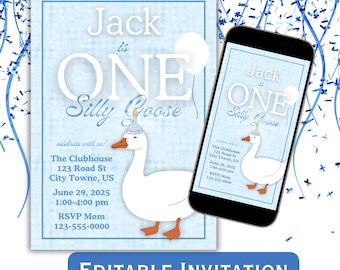 Silly Goose First Birthday Invitation Boy: Blue Editable Invite (Digital)