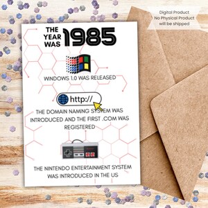 May include: A white card with the text "THE YEAR WAS 1985" and historical facts about the year, including the release of Windows 1.0 and the introduction of the Nintendo Entertainment System. The card is next to a brown envelope.