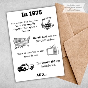 1975 50e anniversaire carte imprimable 50e anniversaire en téléchargement numérique pour le cinquantième anniversaire avec 1975 faits amusants avec inserts à l'intérieur ou carte vierge