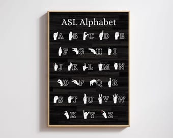 May include: A framed print featuring the ASL alphabet, with each letter represented by a hand gesture. The title "ASL Alphabet" is displayed at the top in white text. The background is a dark wood grain pattern, and the frame is a light wood color.