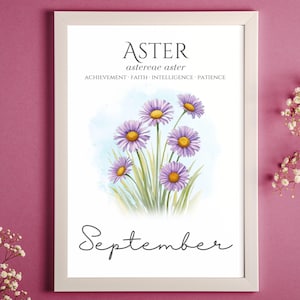 September Birth Flower Art Aster Watercolor Morning Glories Printable Wall Art for Birth Month September Birthday Gift for Libra Virgo