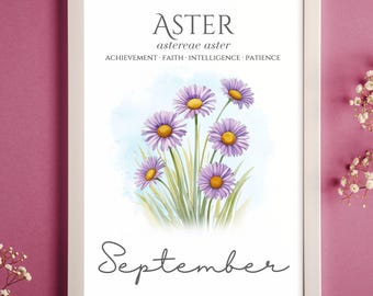 Bloemenkunst geboorte september: Aster-aquarelprint (digitale download)