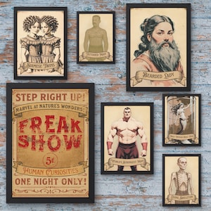 Può includere: Una collezione di stampe vintage incorniciate con artisti circensi. Include un poster "Freak Show", una "Bearded Lady", "Siamese Twins", un "Tattooed Man", "World's Strongest Man", "Half Woman Half Fish" e un "Living Skeleton".