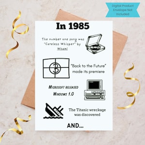 1985 Birthday Card, Printable 40th Birthday Card, Digital Download for Fortieth Birthday, 1985 fun facts, optional blank inside,
