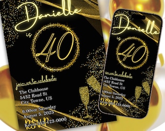 40. Geburtstagseinladung: Schwarz und Gold Party, bearbeitbare Canva Vorlage (Digitaler Download)