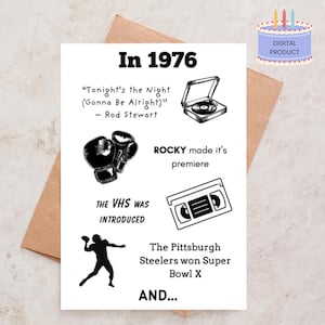 Puede incluir: Una tarjeta blanca con texto negro e ilustraciones que conmemoran 1976. Incluye una cita, imágenes de guantes de boxeo, un tocadiscos, una cinta de VHS y un jugador de fútbol americano. Producto digital con un gráfico de pastel de cumpleaños.