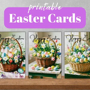 Cartes de Pâques vintage bouquet floral, carte imprimable panier de Pâques avec des oeufs de Pâques avec inserts optionnels ou blanc à l'intérieur