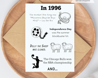 Printable 30th Birthday Card: 1996 Fun Facts with Optional Print Inside-Digital Download