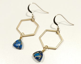 Imperial Jasper Hexagon Earrings - Minimalist Geometric Blue and Gold Dangles