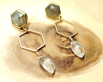 Double Hexagon Earrings - Iridescent Labradorite and Gold Rutilated Quartz