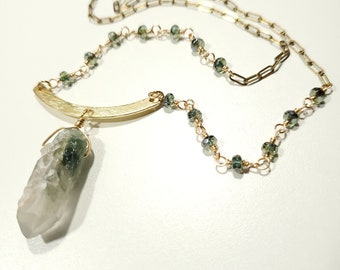 Green and Gold Rustic Quartz Point Necklace