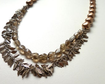 Leafy Swarovski Pearl and Smokey Quartz Statement Necklace