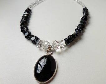Black Mirror Sardonyx and Quartz Crystal Beaded Necklace with Handmade Onyx and Sterling Silver Bezel Set Pendant