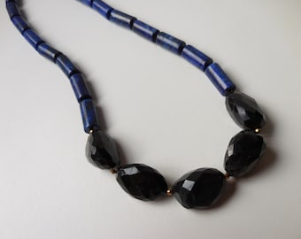 Lapis Lazuli and Faceted Black Chalcedony Beaded Statement Necklace
