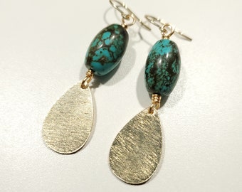 Gold Brushed Metal and Turquoise Howlite  Earrings